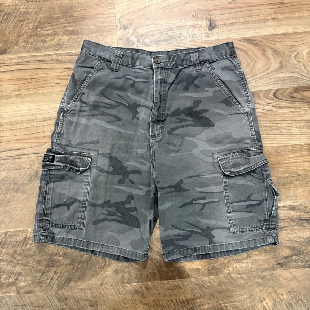 Vintage Y2K Wrangler Cargo Shorts Mens 32 Grey Camo Casual Outdoor Gorpcore